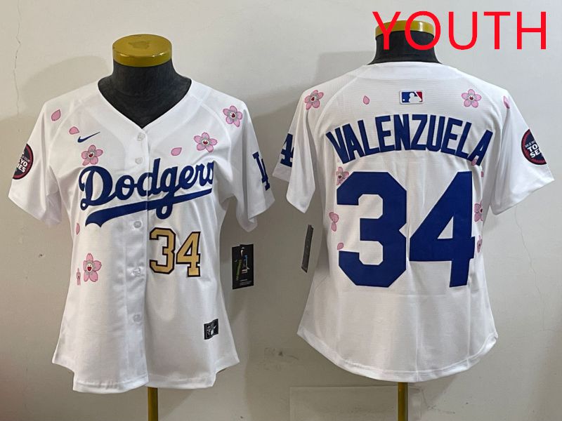 Youth Los Angeles Dodgers 34 Valenzuela White Sakura Edition 2025 Nike MLB Jersey style 6